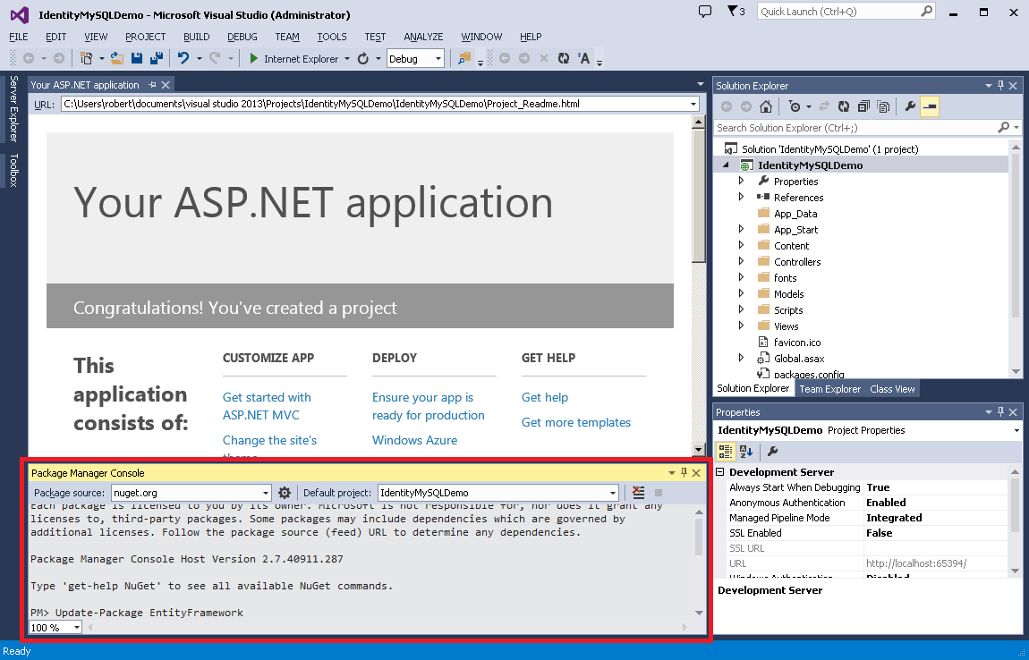 Screenshot of Package Manager Console in bottom section of Visual Studio, with Update Package Entity Framework instruction displayed on command line.