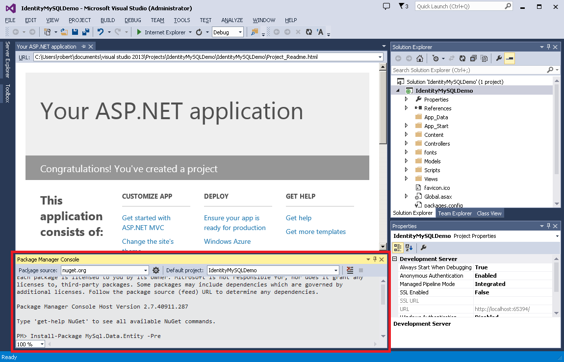 Screenshot of Package Manager Console in bottom section of Visual Studio, with Install-Package My S q l dot Data dot Entity dash Pre instruction displayed on command line.