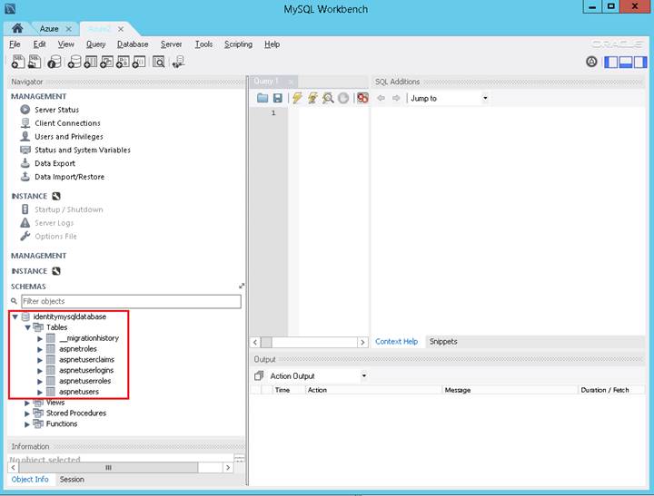 Screenshot of My S Q L Workbench tool dialog. A S P dot NET Identity tables created on the Identity My S Q L Database are highlighted at lower left.