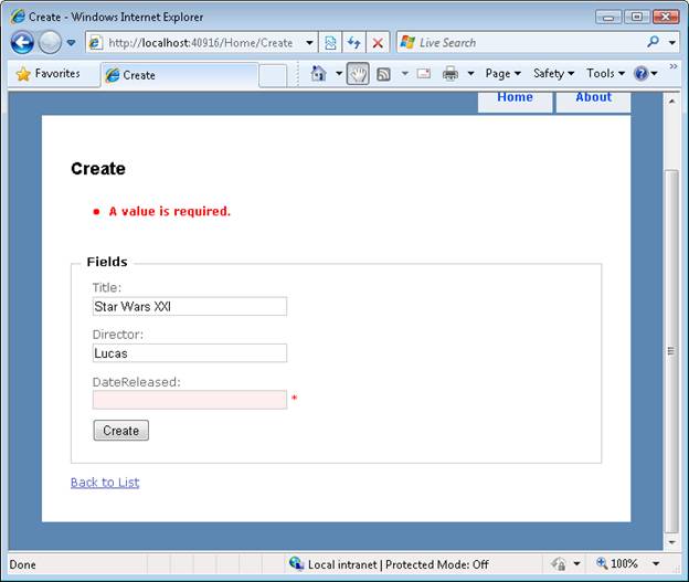 Screenshot of browser displaying the Create view page, which is showing required database fields of title, director, and date released.
