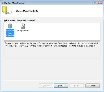 Screenshot of the Entity Data Model Wizard box, which is showing the Generate from database icon selected.