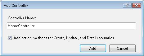 Screenshot of Add Controller box, which is showing Home Controller entered and the add action box checked.