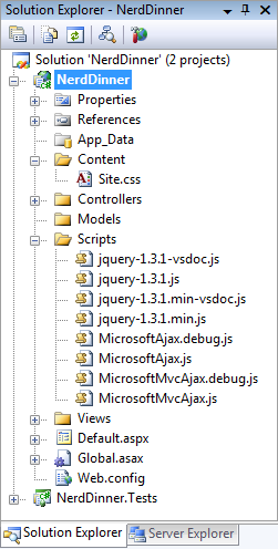 Screenshot of the Solution Explorer Nerd Dinner navigation tree. Nerd Dinner is highlighted and expanded.