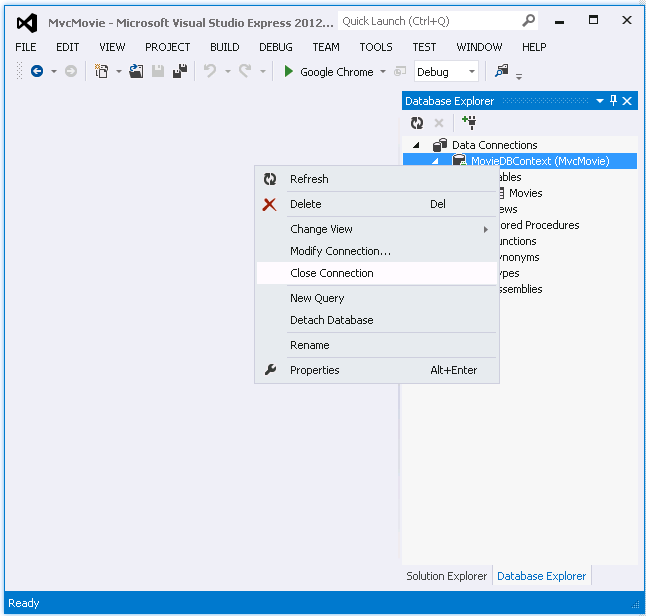 Screenshot that shows the Database Explorer window. Close Connection is selected in the Movie D B Context right click menu.