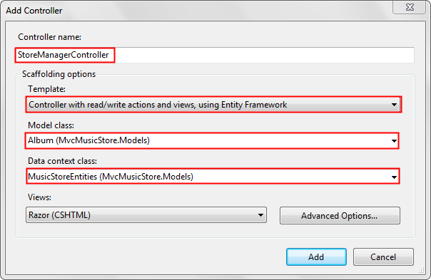 Screenshot of the Add Controller dialog with the Controller box and the Template, Model class, and Data context class dropdowns highlighted.