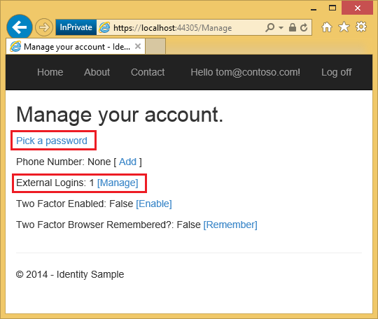 [My A S P dot Net Manage your account]\(アカウントの管理\) ページを示すスクリーンショット。[パスワードの選択] と [外部ログイン] 行が強調表示されています。