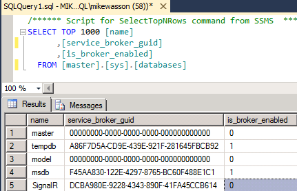 Screenshot of a window displaying the sys dot databases catalog view.