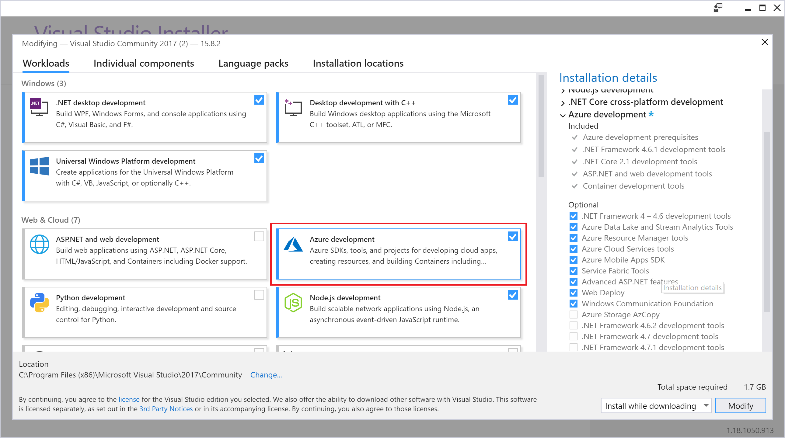 Visual Studio インストーラーでの Azure 開発ワークロード