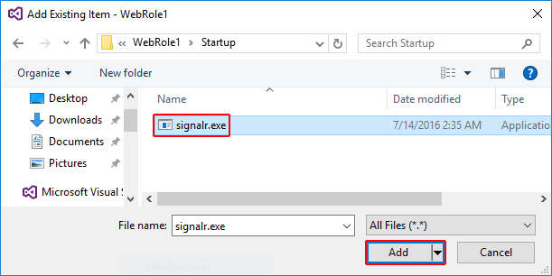 プロジェクトにsignalr.exeを追加する