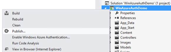 Screenshot that shows the Win Azure Auth Demo right click menu. Publish is selected.