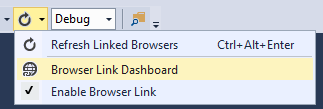 Screenshot of Visual Studio, with Refresh button highlighted and Browser Link Dashboard highlighted in dropdown menu.