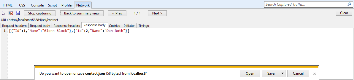 Viewing the JSON output from the Web API in the developer tools window