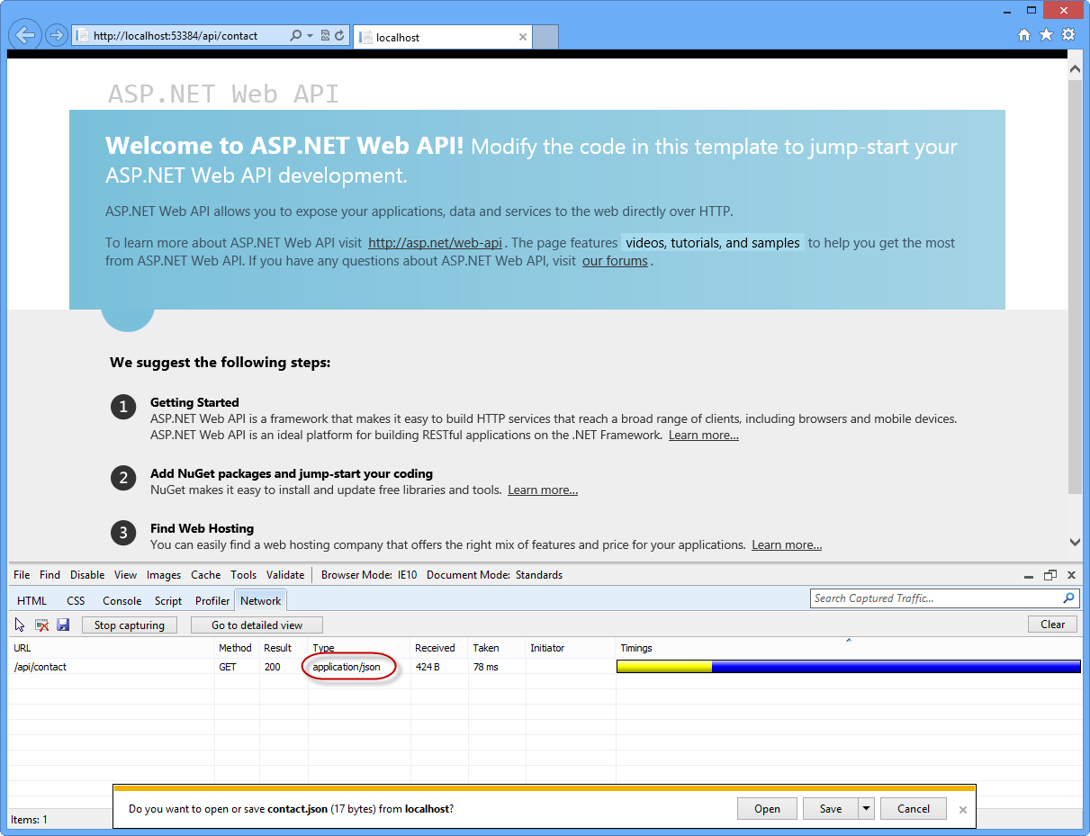 Viewing the output of the Web API request in the Network view