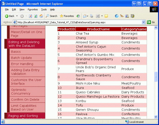 GridView には、各製品の ID、名前、および関連するカテゴリ名が表示されます