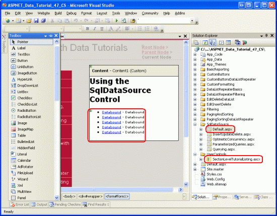 SectionLevelTutorialListing.ascx ユーザー コントロールを Default.aspx に追加する