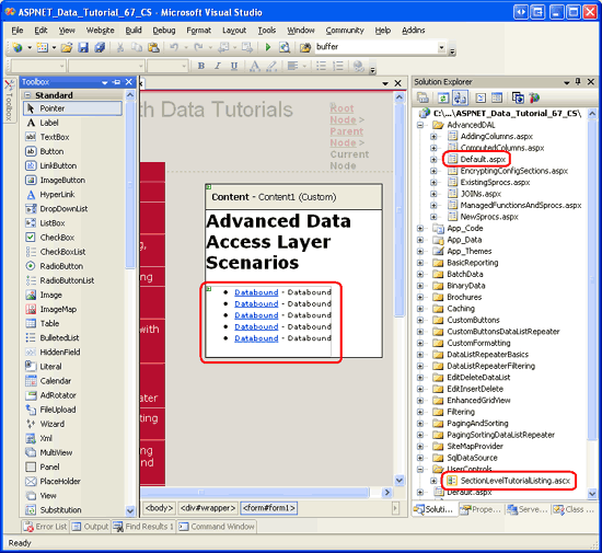 Add the SectionLevelTutorialListing.ascx User Control to Default.aspx