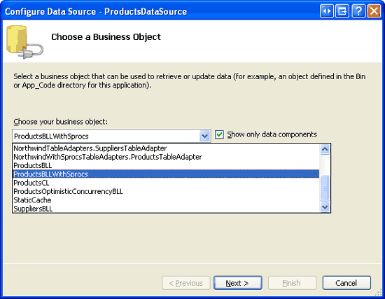 Configure the ObjectDataSource to Use the ProductsBLLWithSprocs Class