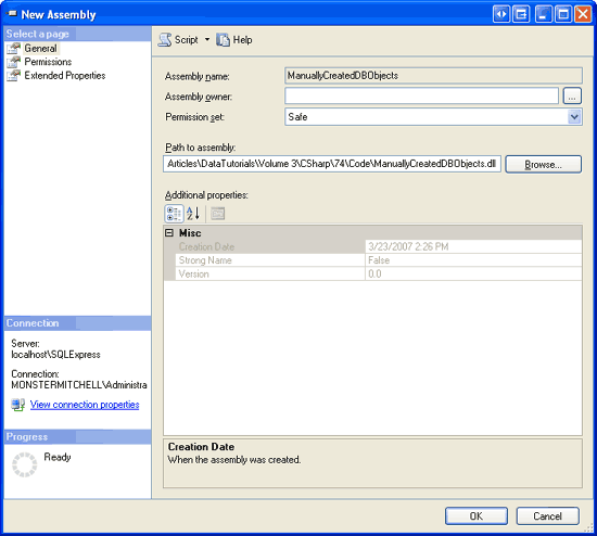 ManuallyCreatedDBObjects.dll アセンブリをデータベースに追加する