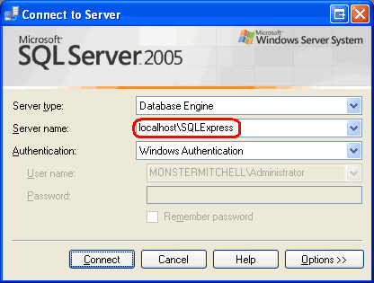 SQL Server Management Studio の [サーバーへの接続] ウィンドウを示すスクリーンショット。