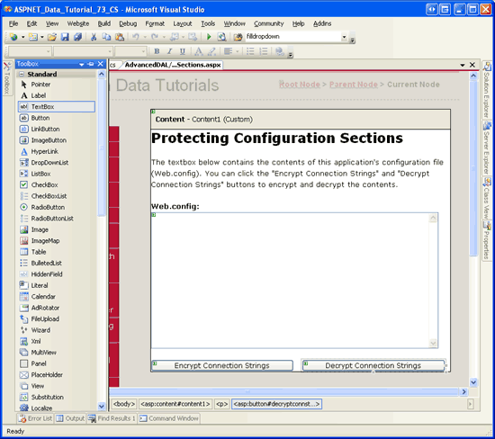 EncryptingConfigSections.aspx ページが開いている Visual Studio を示すスクリーンショット。新しい TextBox コントロール 1 つと Button コントロール 2 つがあります。