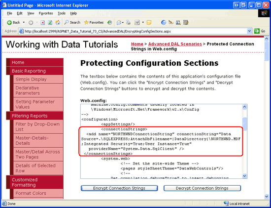 Web ブラウザーに読み込まれた EncryptingConfigSections.aspx ページを示すスクリーンショット。