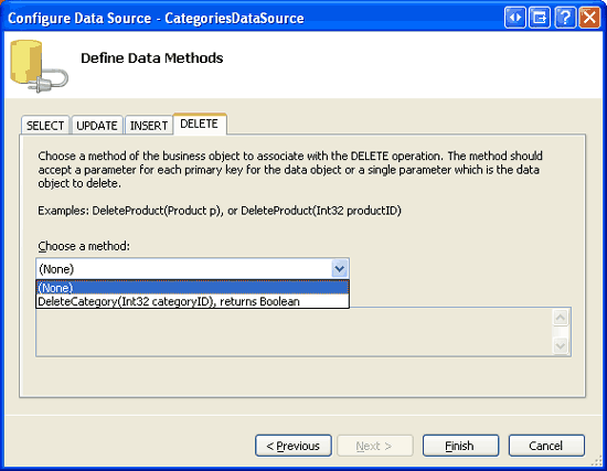 [UPDATE]、[INSERT]、[DELETE] の各タブのドロップダウン リストを [(なし)] に設定する