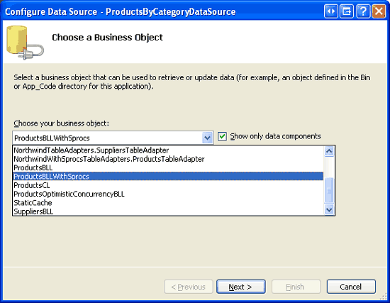 ProductsBLLWithSprocs クラスを使用するように ObjectDataSource を構成する