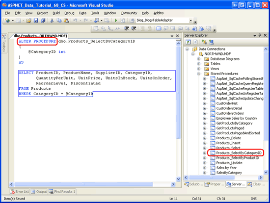 ストアド プロシージャ Products_SelectByCategoryID がデータベースに追加された