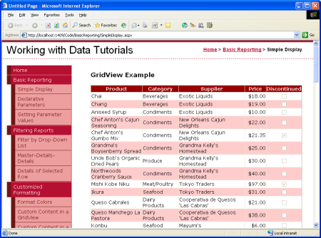 The GridView Displays the Product's Name, Category, Supplier, Price, and Discontinued Information