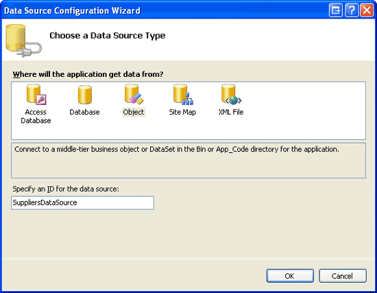 SuppliersDataSource という名前の新しい ObjectDataSource を作成する