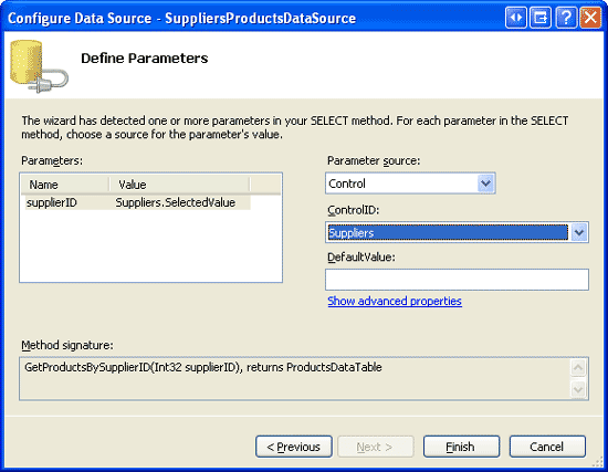 supplierID パラメーターが Suppliers という FormView コントロールから取得されることを指定する