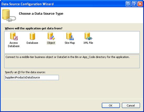 SuppliersProductsDataSource という名前の新しい ObjectDataSource を作成する