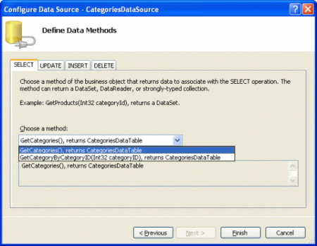 ObjectDataSource が CategoriesBLL クラスの GetCategories() メソッドを呼び出すように設定する