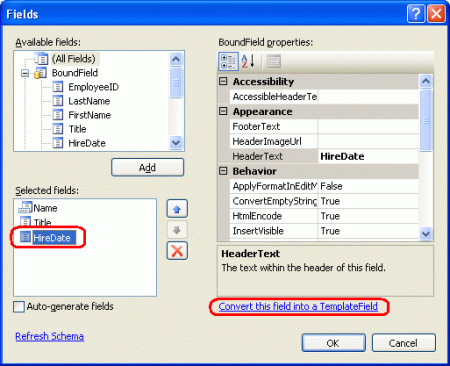 HiredDate という BoundField を TemplateField に変換する