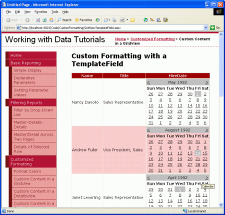 従業員の HiredDate が Calendar コントロールに表示される