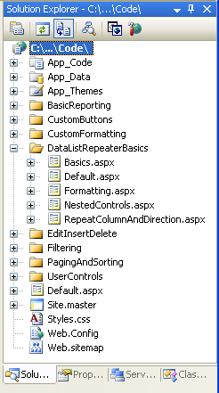 DataListRepeaterBasics フォルダーを作成し、チュートリアル ASP.NET ページを追加する