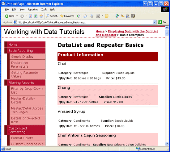 DataList には、各製品登録情報の間にヘッダー行と水平ルールが含まれます