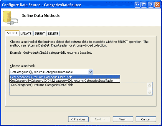 Configure the ObjectDataSource to Use the CategoriesBLL Class s GetCategories Method