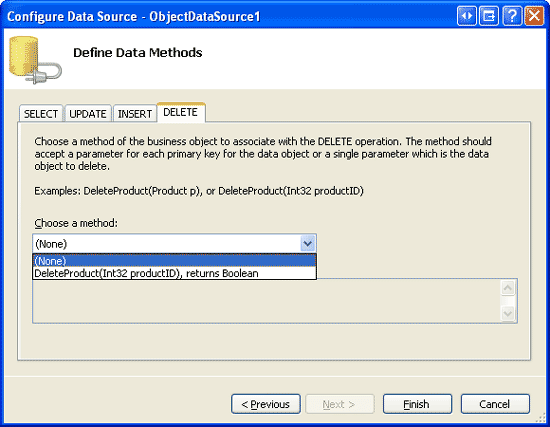 ObjectDataSource の INSERT、UPDATE、DELETE タブのドロップダウン リストが (なし) に設定されていることを確認します