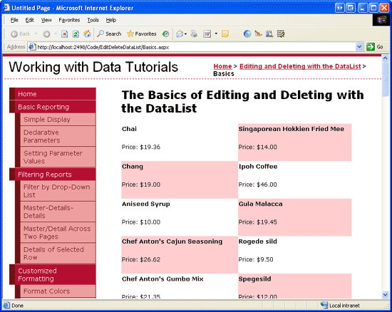 製品名と価格は、2 列の DataList に表示されます