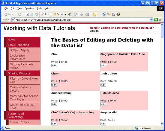 [編集] ボタンが追加された DataList EditItemTemplate を示すスクリーンショット。