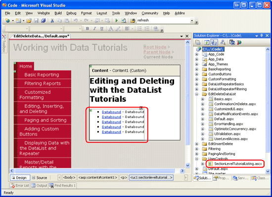 SectionLevelTutorialListing.ascx ユーザー コントロールを Default.aspx に追加する