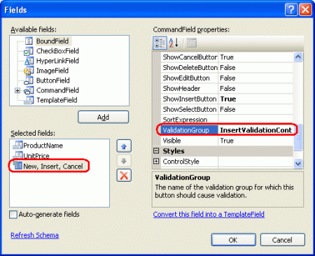 DetailsView の CommandField の ValidationGroup プロパティを InsertValidationControls に設定する