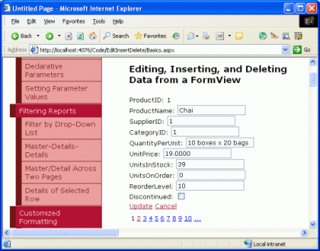 既定では、EditItemTemplate は編集可能な各製品フィールドをテキスト ボックスまたは CheckBox として表示します