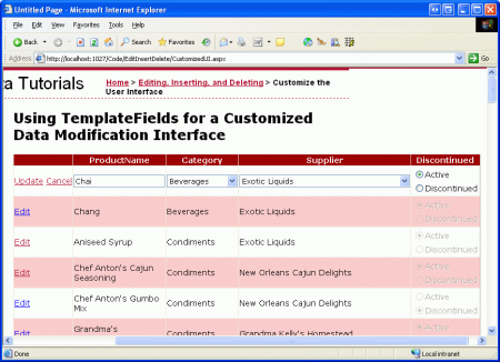 GridView の編集インターフェイスには、DropDownLists と RadioButton が含まれています