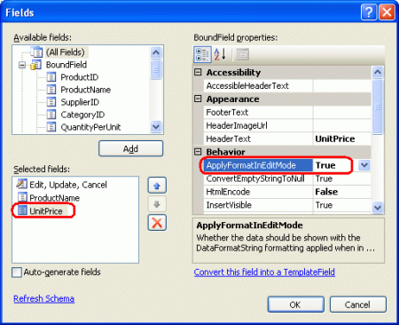 UnitPrice BoundField の ApplyFormatInEditMode プロパティを true に設定します。