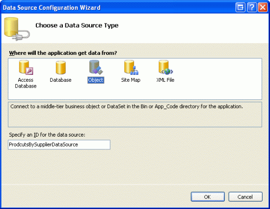 Bind the ProductsBySupplier GridView to a New ObjectDataSource