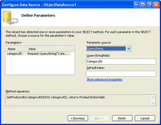 クエリ文字列フィールドCategoryIDをパラメータのソースとして使用する