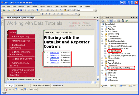 SectionLevelTutorialListing.ascx ユーザー コントロールを Default.aspx に追加する