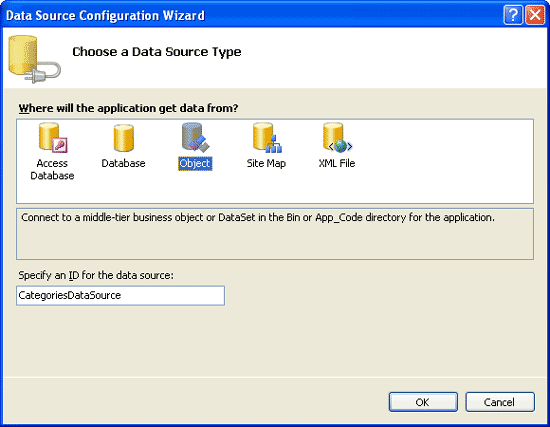 CategoriesDataSource という名前の新しい ObjectDataSource を追加する